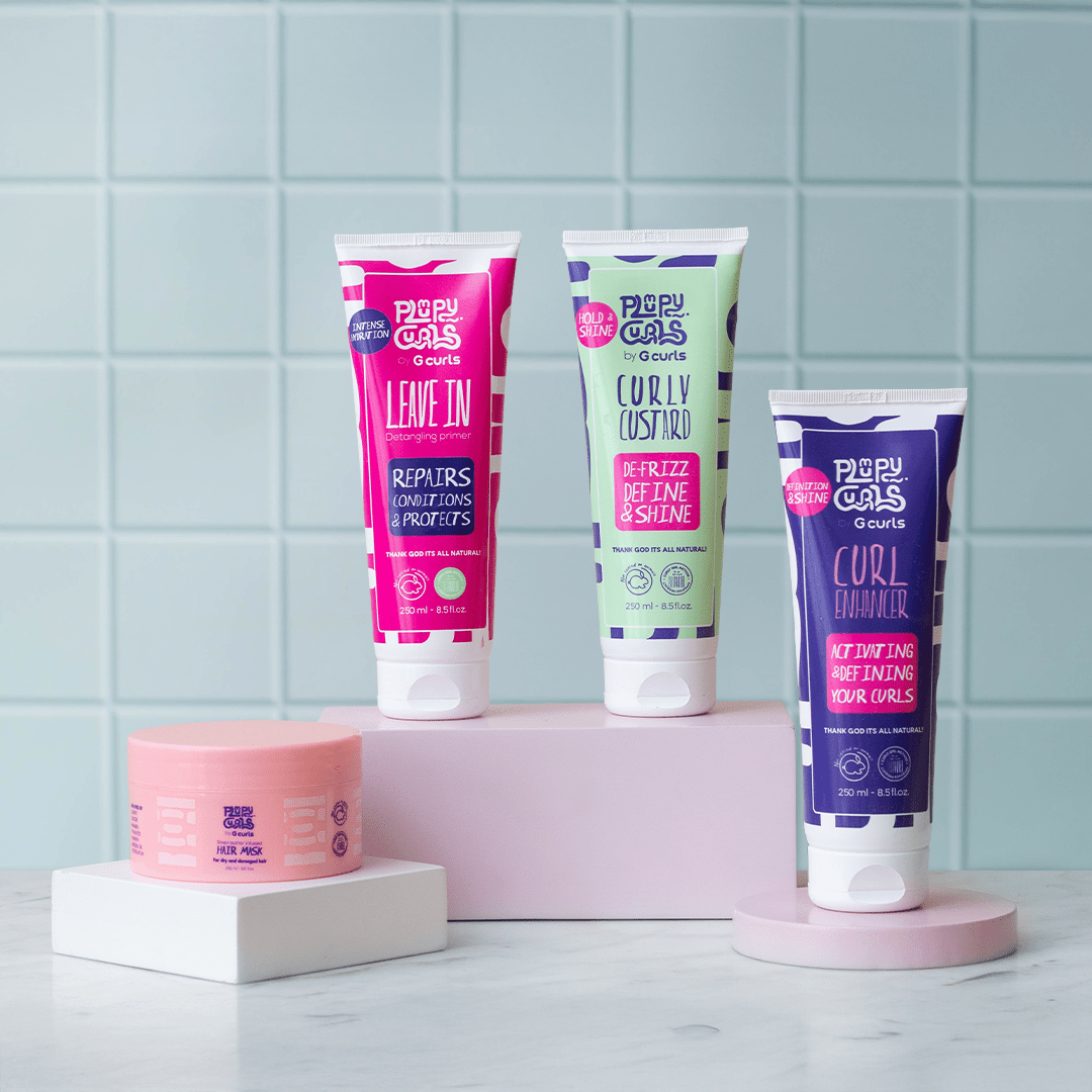 Plumpy Curls Glow Control set with Leave-In, Curly Custard, Curl Enhancer, and Hair Mask for curly hair care
